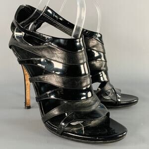 GUCCI Size 9.5 Black Leather Patent Leather Back Zipper Cage Sandals